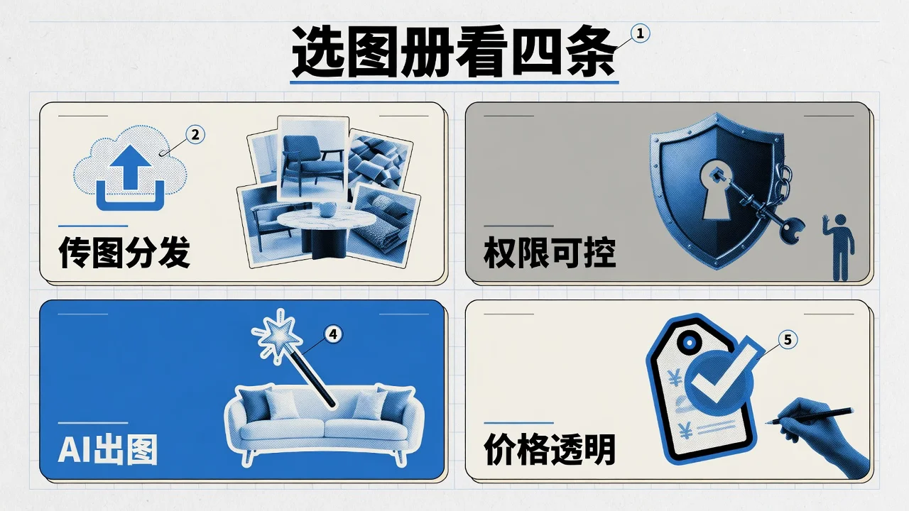 家具厂挑图册小程序要看的四个核心功能:传图分发、权限可控、AI出图、价格透明