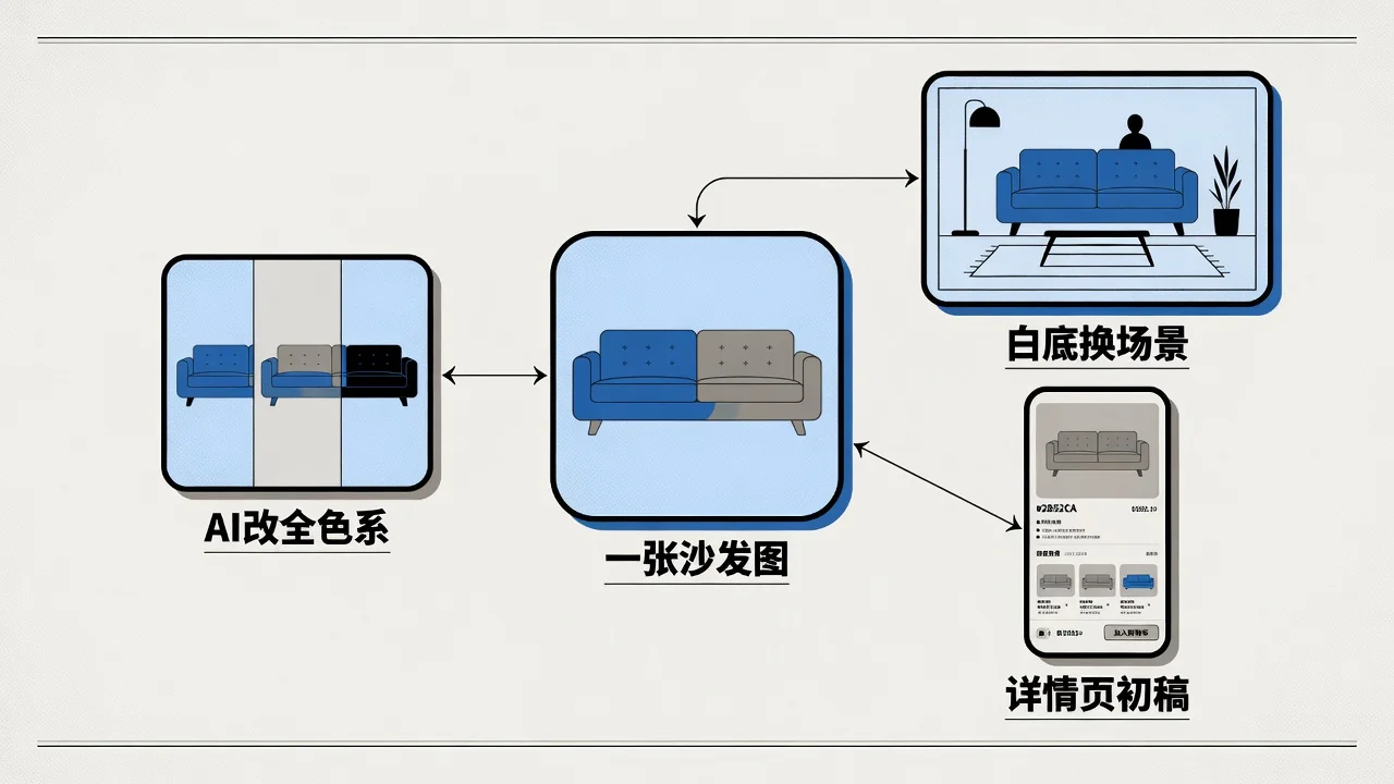沙发厂用云图册的AI能力:拍一次改全色系、白底图换场景、自动生成详情页