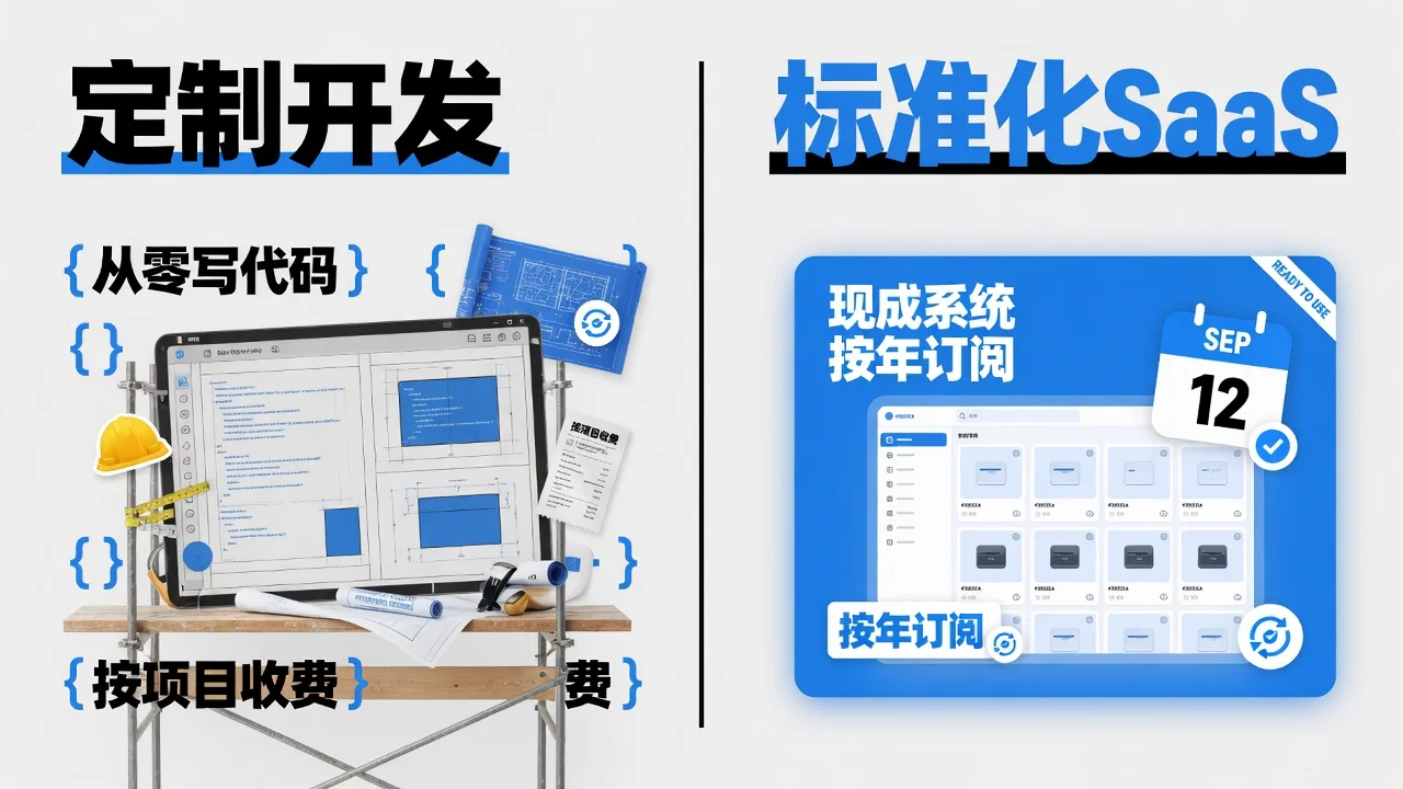 定制开发和标准化SaaS的区别：一个从零写代码按项目收费，一个现成系统按年订阅