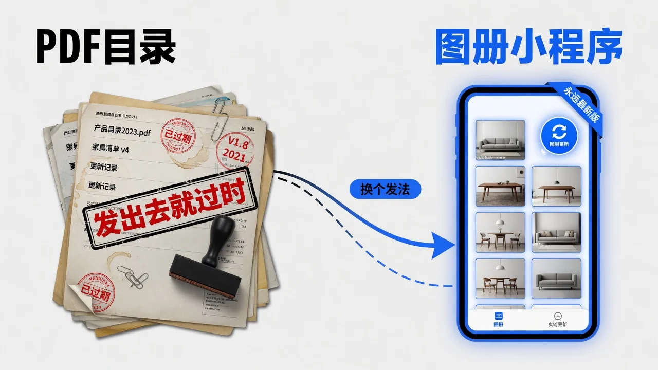 PDF目录和图册小程序的区别:PDF发出去就过时,图册小程序后台改一次全员同步最新版