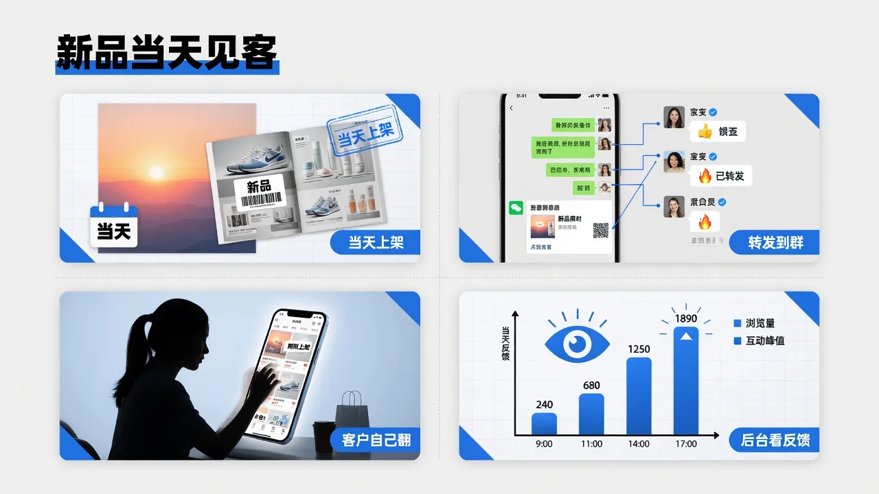换季新品用电子图册触达客户:当天上架、转发到群、客户自己翻、后台看反馈