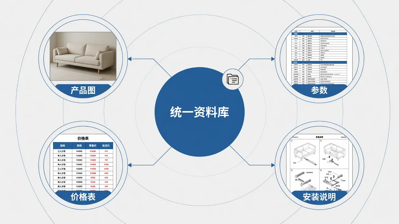 用统一资料库管理经销商资料:产品图、参数、价格表、安装说明都挂在图册里