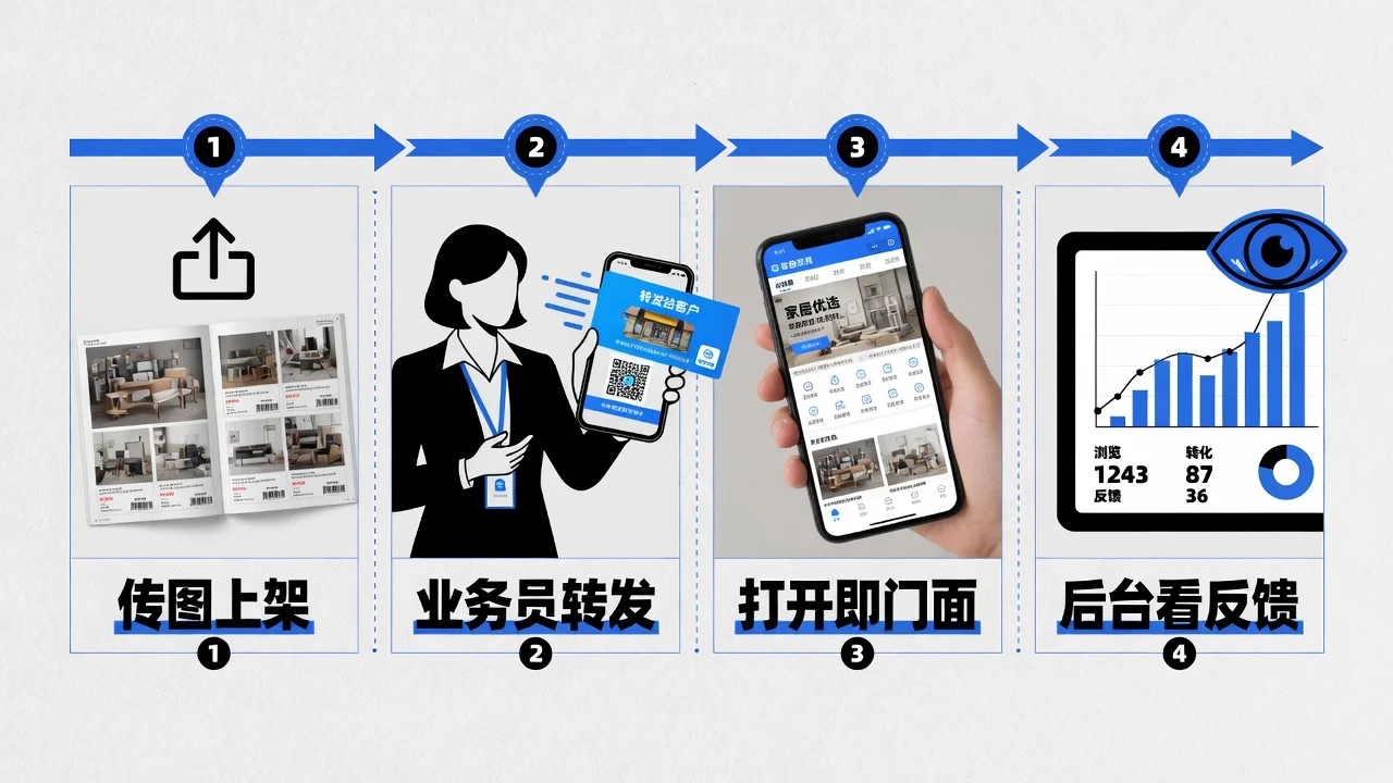 让电子图册被用起来的路径:传图上架、业务员日常转发、客户打开即门面、后台看浏览反馈