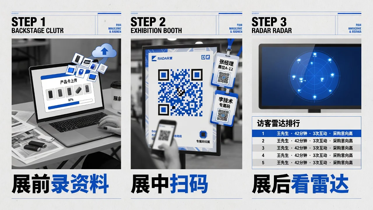 展前录资料、展中扫码建档、展后看雷达跟进的三步设置