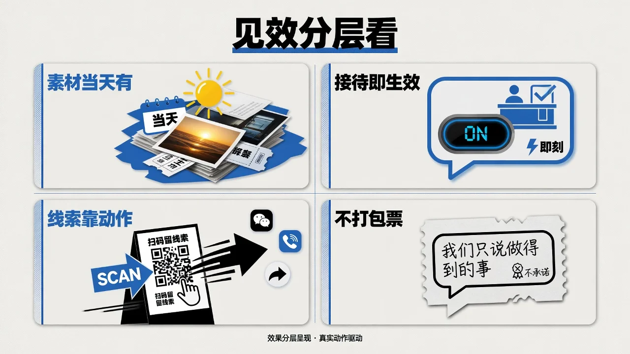 企业小程序见效分层：素材当天有，接待即生效，线索靠推广动作
