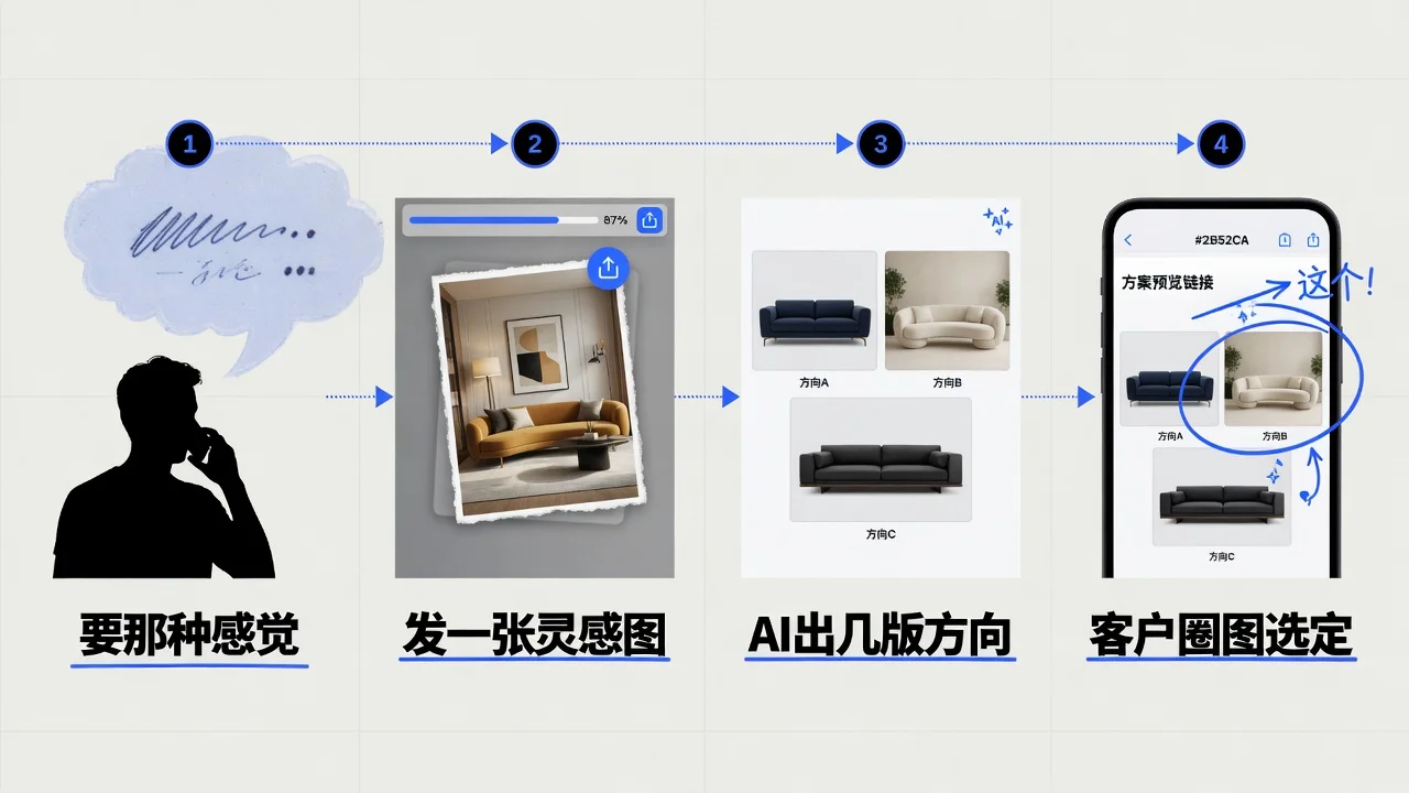 把客户嘴里的感觉变成屏幕上的几版方案，发链接让客户圈图选