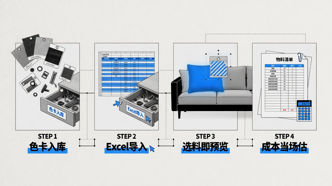 面料五金在系统里建档，选料即预览、即进成本