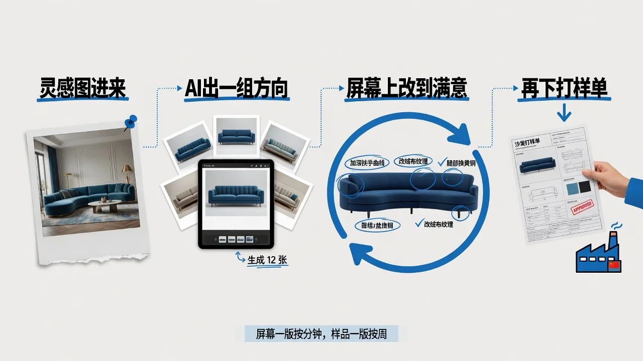 先在屏幕上把方向改到满意,再下打样单,试错留在打样之前