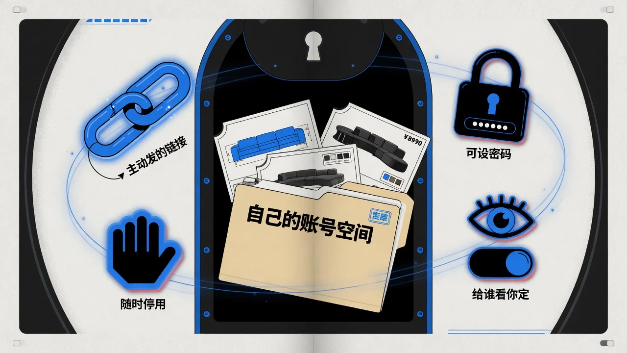 设计方案在自己账号空间里，对外可见的只有你主动发的加密链接