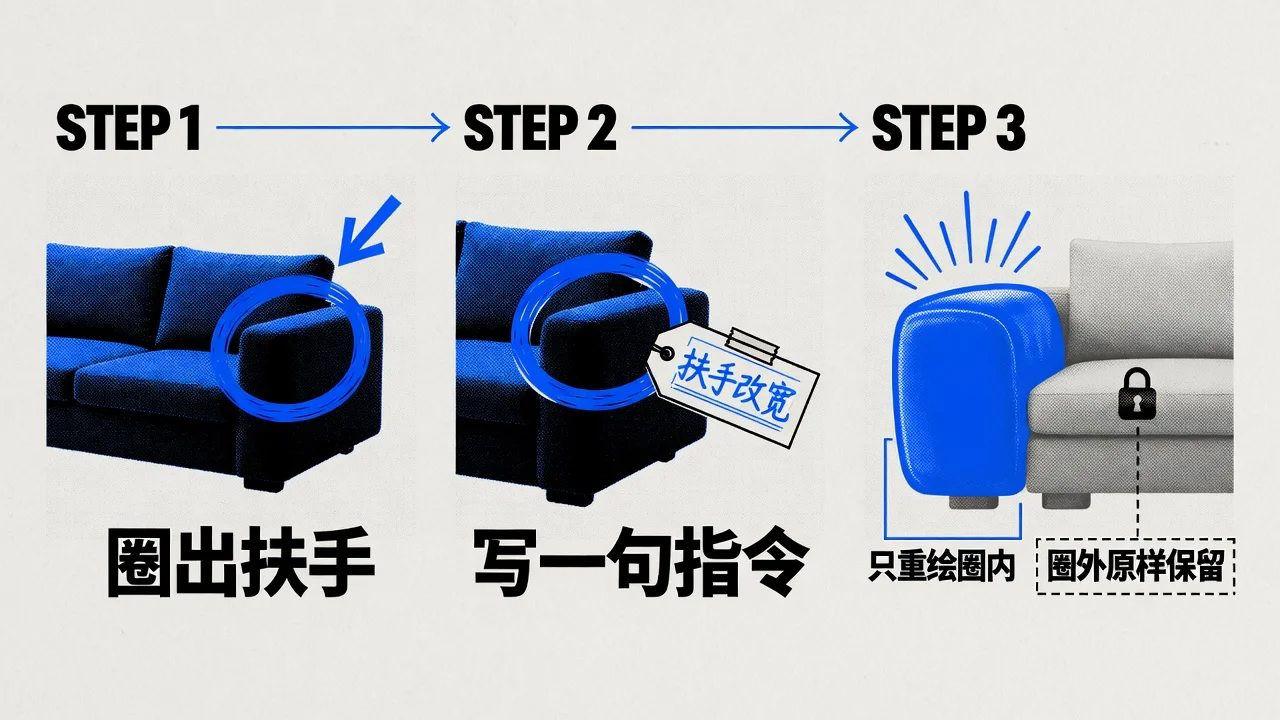在图上圈出扶手写一句改宽,AI只重绘圈中部位,圈外原样保留