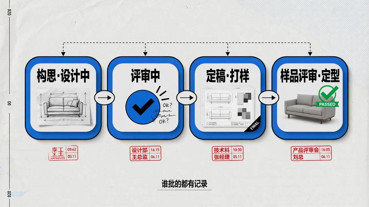家具新品在工作台里走七个状态,每一步谁批的都有记录