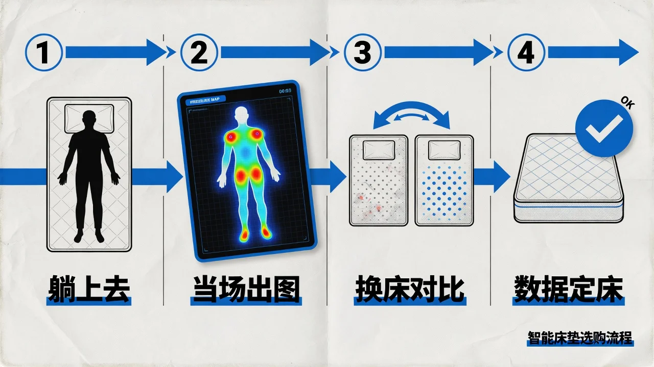 AI选床分四步:躺上去、当场出体压分布图、换一张床再比、用数据选出托得住你的床垫。