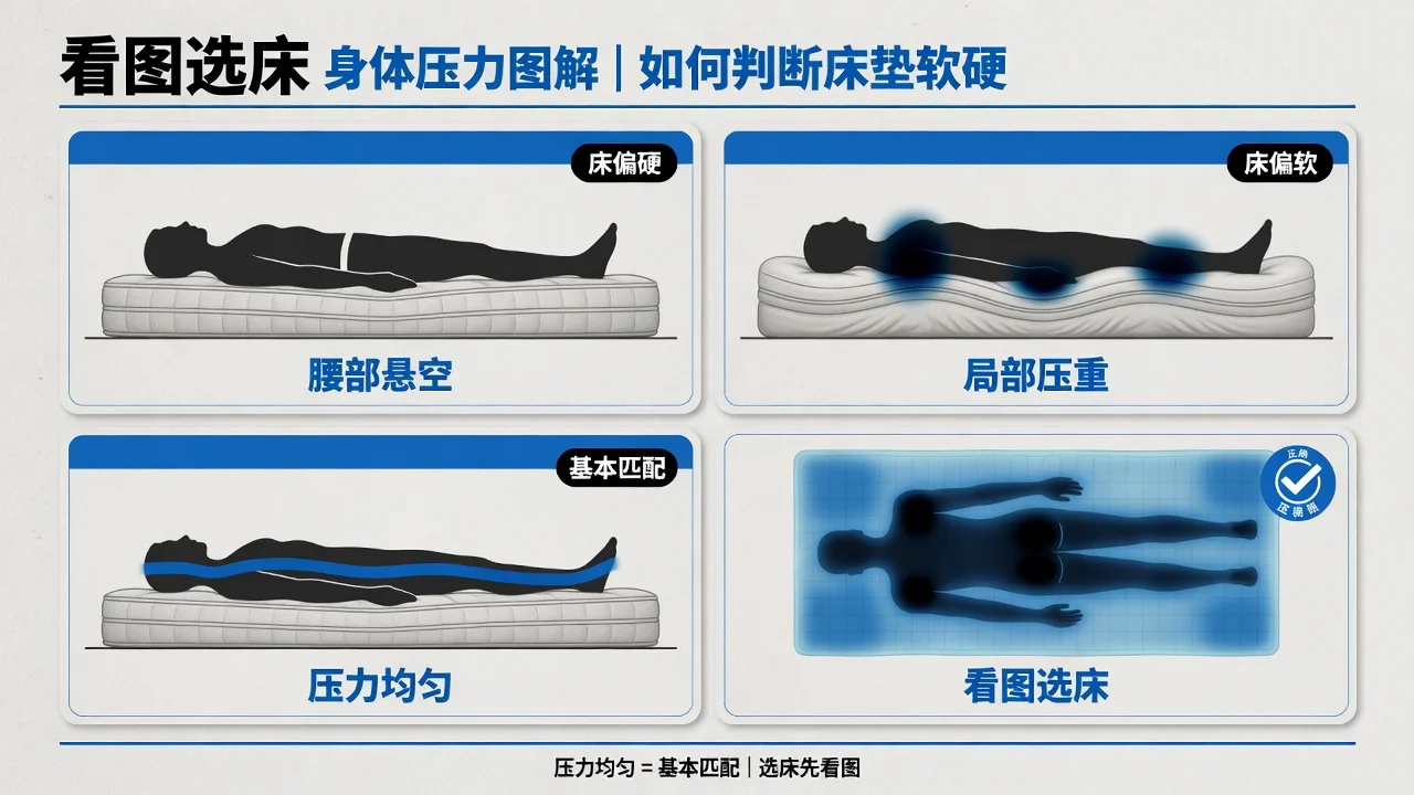 体压分布图把身体信号翻译成看得懂的画面:腰部悬空说明床偏硬,局部压得重说明床偏软,压力铺得均匀才算匹配。