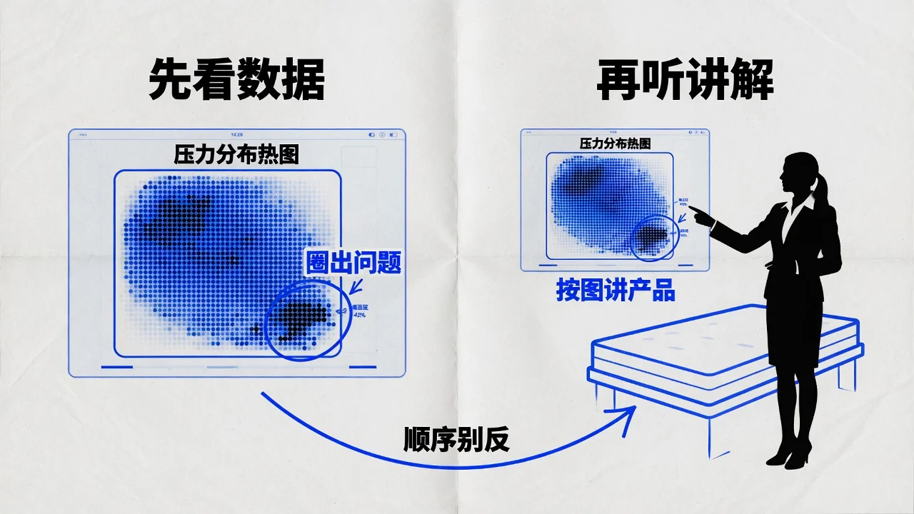 先看数据再听讲解:压力图圈出你的问题,导购按图讲产品,两边对得上再考虑。