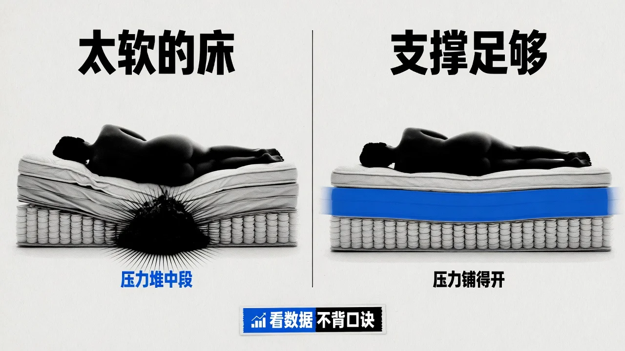 体重大的人睡太软的床,臀部下陷、压力堆在中段;支撑足够的床垫能让压力均匀铺开。