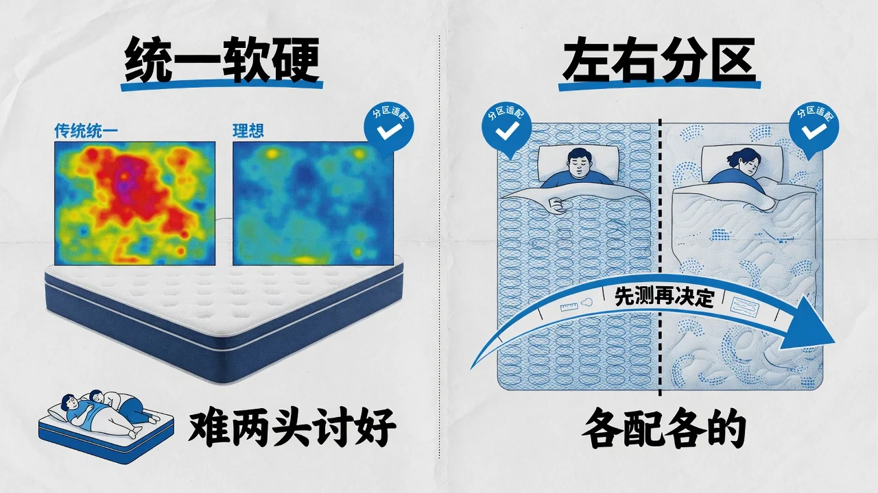 是否需要一分为二的分区床垫,取决于两人体压数据的差异大小,先测再决定。