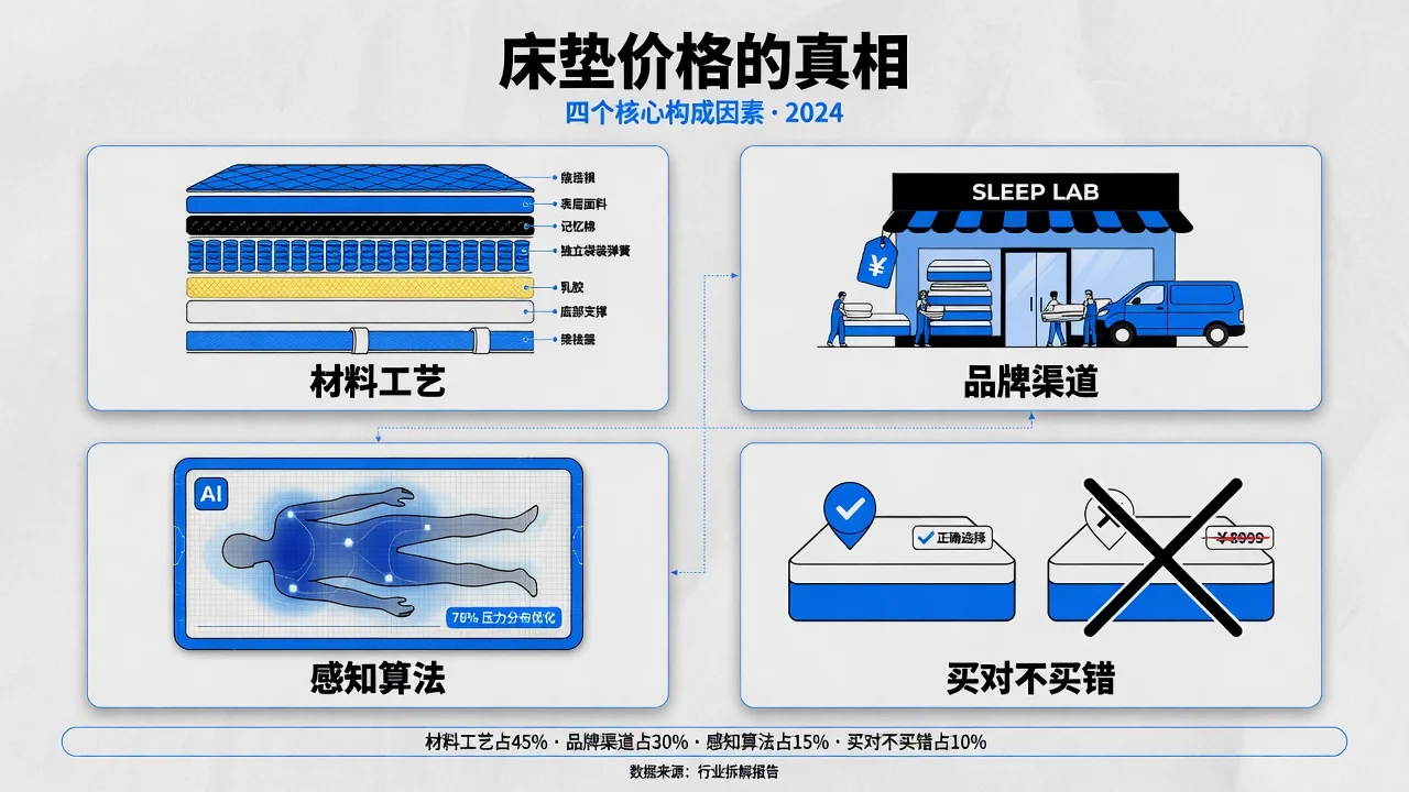床垫价格的构成有材料、工艺、品牌、渠道，AI床垫多出来的一块是压力感知与算法。