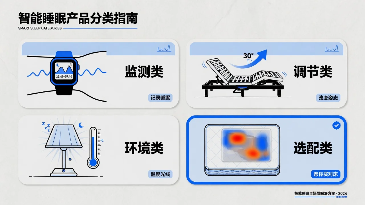 智能睡眠产品分四类:监测类记录睡眠、调节类改变姿态、环境类管温度光线、选配类帮你买对床。
