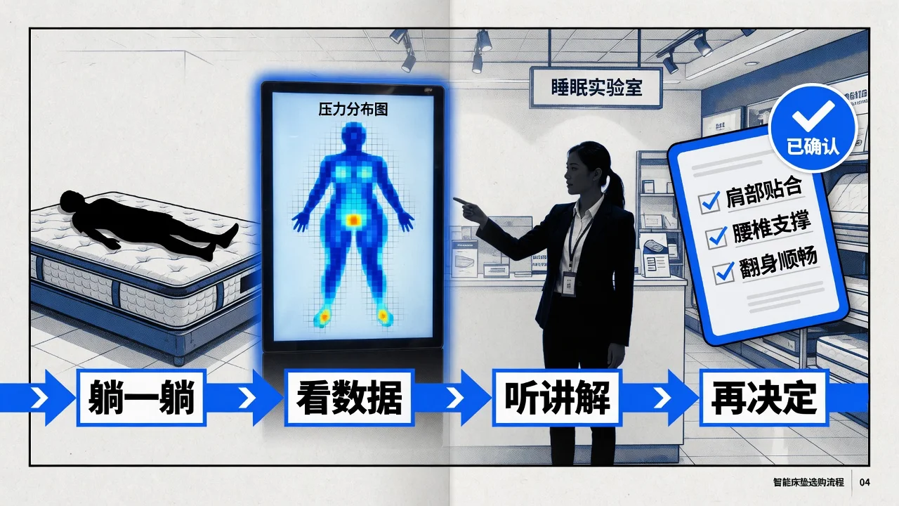 一次到店四步走:躺一躺出数据、换床对比、听讲解验证、再做决定,体验和数据各干各的活。