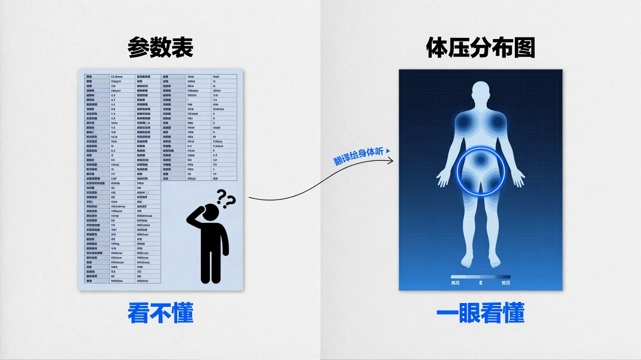 参数表描述床垫本身,体压分布图描述床垫和你的关系,后者才是买床垫要看的答案。