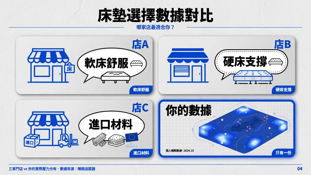 店A说软好、店B说硬好、店C讲材料,说法各为其主,你的体压数据只有一份。