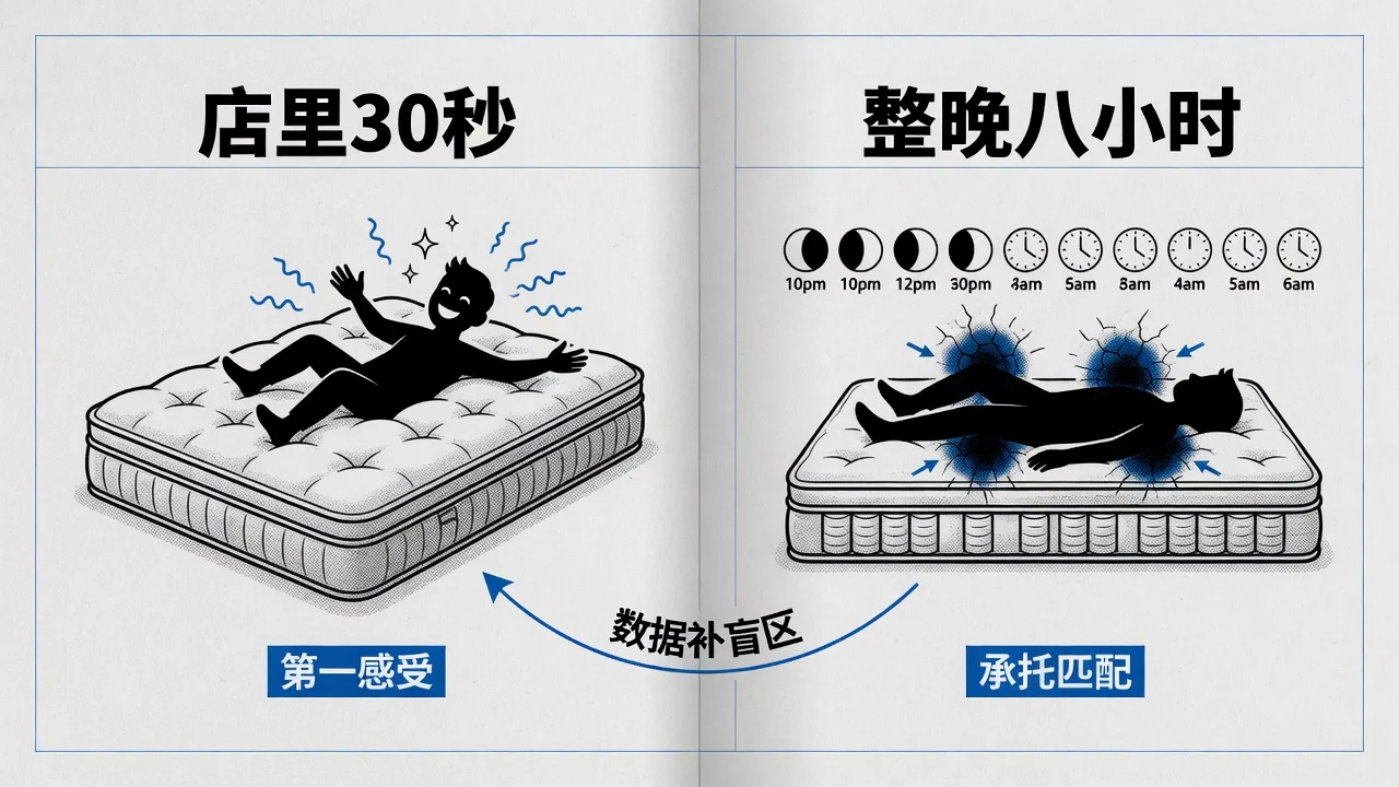 店里30秒的第一感受偏爱柔软,整晚八小时要的是承托匹配,两者经常不一致,数据能补上这个盲区。
