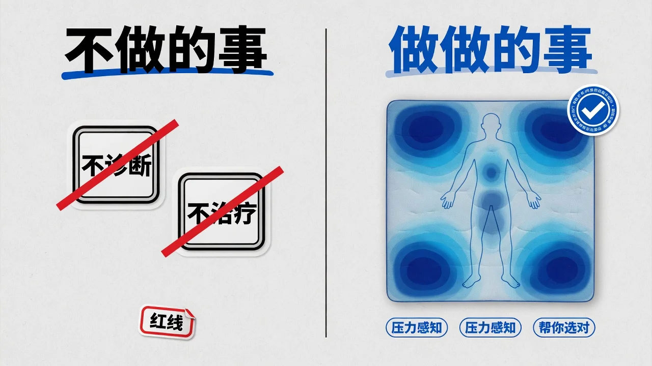 床垫不是医疗器械:不诊断、不治疗是红线,AI床垫做的是买床环节的选对,不是医疗环节的治疗。