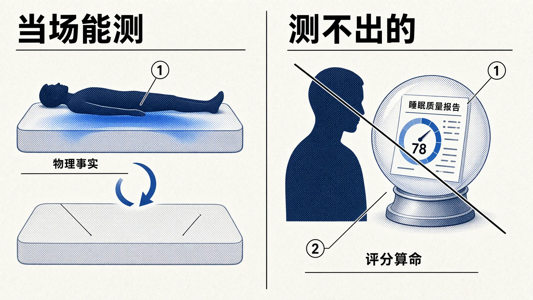 压力感知测的是躺下瞬间真实存在的物理事实，当场成图当场对比，不是躺30秒算命。
