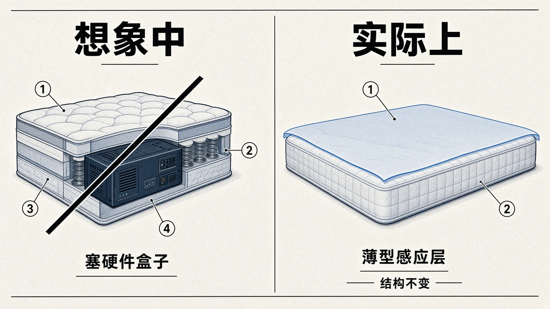 选床用的压力感知是铺在床面的薄型感应层,不是塞进床垫的硬件盒子,床垫本身结构不变。