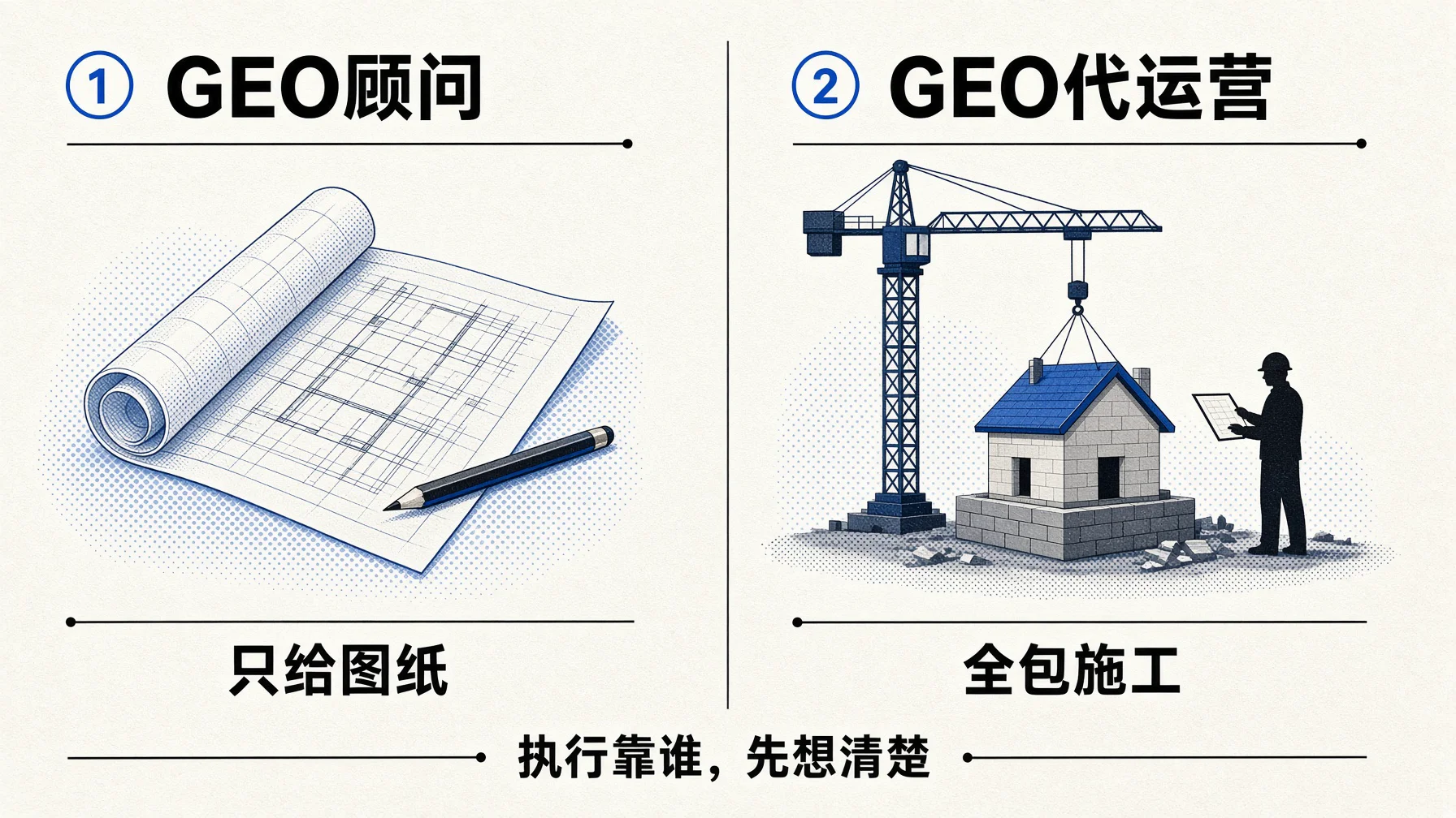 GEO顾问只出方案像给图纸,代运营从诊断到内容全包像包施工。