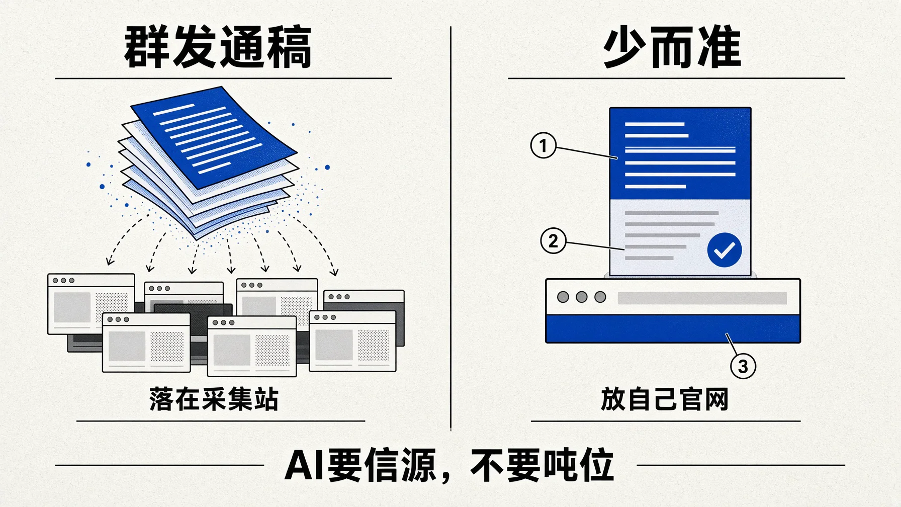 群发新闻稿落在采集站上,AI不当权威信源还搅浑语料。